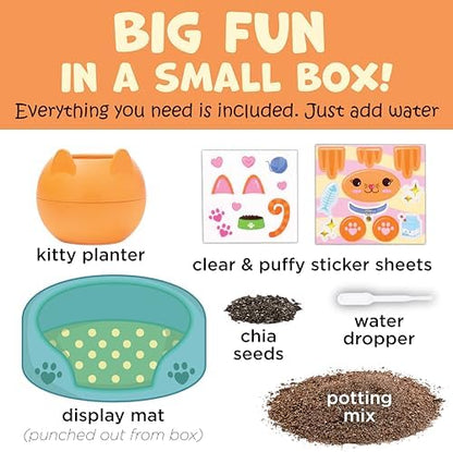 Contents of the Plant-A-Pet Kitty kit including stickers, seeds, soil mix, and water dropper.