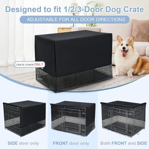 Pomeranian dog sitting inside wire crate with breathable cover