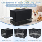 Pomeranian dog sitting inside wire crate with breathable cover