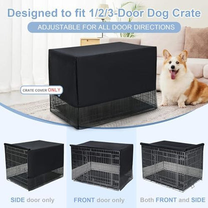 Pomeranian dog sitting inside wire crate with breathable cover
