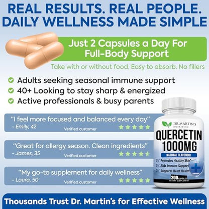 Authentic imported bottle of Dr. Martin's Quercetin showing clear respiratory benefits label
