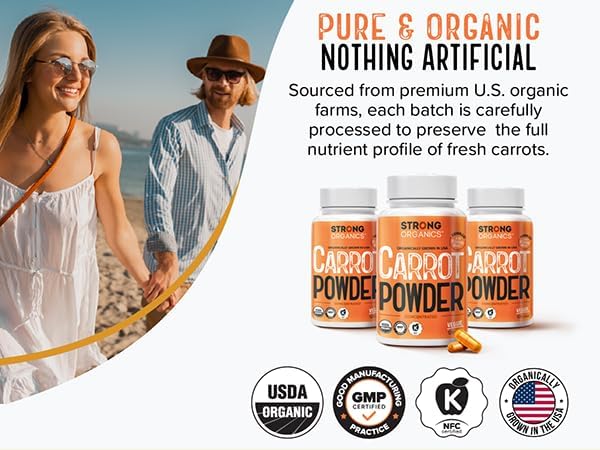 Strong Organics supplement bottle with USA grown certification mark