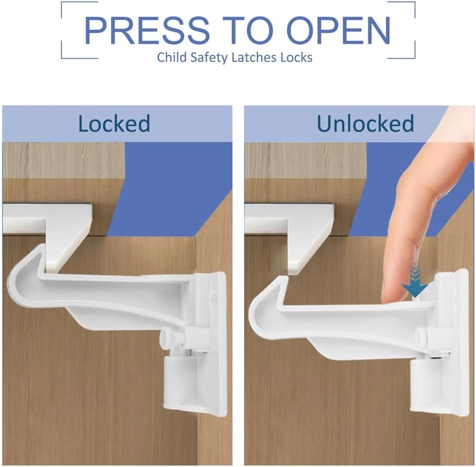 Baby proofing safety locks applied to kitchen drawers