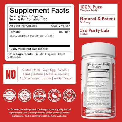 Bloofah Lycopene 500mg capsules nutritional facts label and clean ingredient list.
