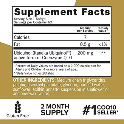 Back label of Qunol Ubiquinol 200mg showing authentic ingredients list and daily usage instructions for adults