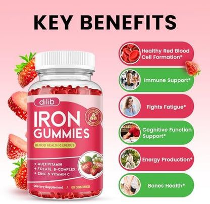 Dilib strawberry flavor iron supplement gummies for adults and kids nutritional view
