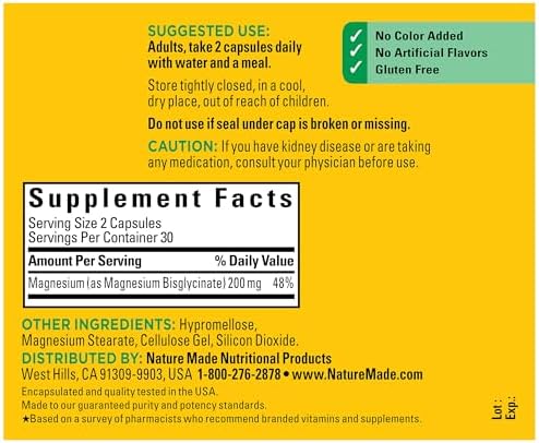 Nature Made dietary supplement magnesium glycinate bottle detailing gluten free benefits
