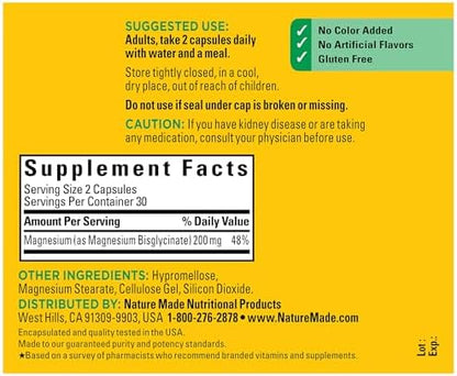 Nature Made dietary supplement magnesium glycinate bottle detailing gluten free benefits