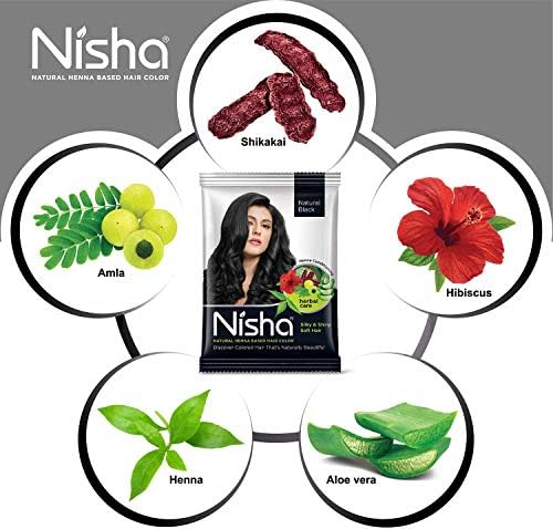 Close-up of Nisha ammonia-free hair color powder packaging highlighting the unisex natural black shade.