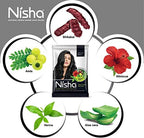 Close-up of Nisha ammonia-free hair color powder packaging highlighting the unisex natural black shade.