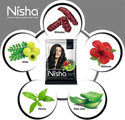 Close-up of Nisha ammonia-free hair color powder packaging highlighting the unisex natural black shade.