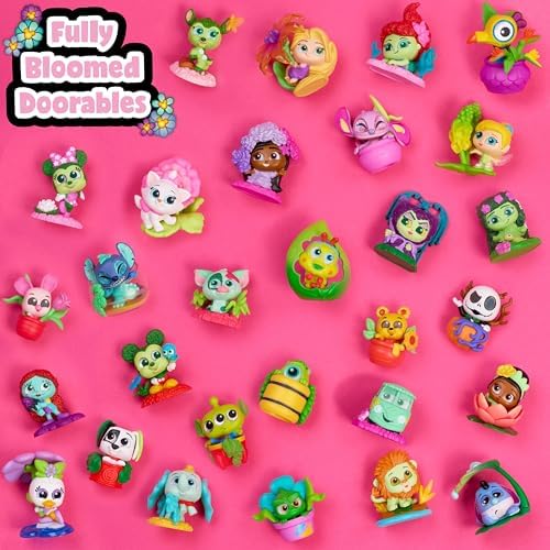 Disney Doorables floral themed mini figures displayed inside miniature toy garden pots.