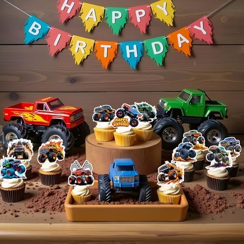 48 piece set of monster truck birthday cake toppers