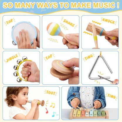 Neutral color percussion music kit showing details of natural beechwood tambourine