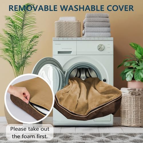 LIORCE waterproof dog bed cover being unzipped to demonstrate easy washing setup