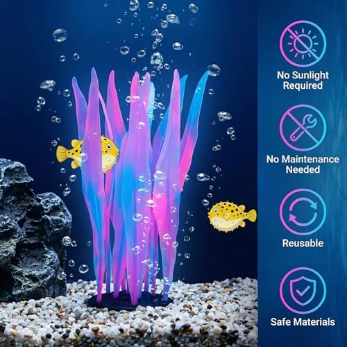 Pack of two pink glowing aquarium plant decorations showing full height dimensions and form.