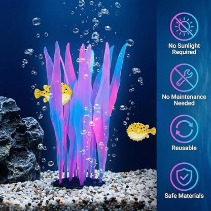 Pack of two pink glowing aquarium plant decorations showing full height dimensions and form.