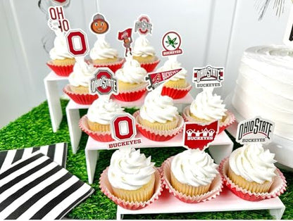 Close up of Ohio State University logo on party cupcake topper