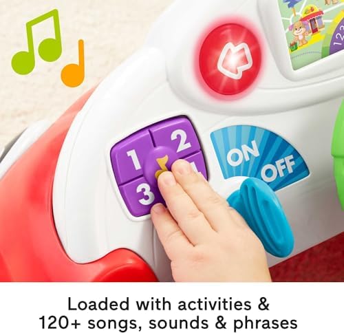 Fisher-Price red educational toy car featuring built-in ball ramp with colorful balls