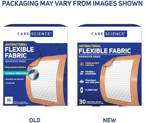 Care Science extra large flexible antibacterial non stick strip bandages showing product dimensions