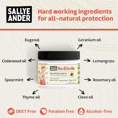 SallyeAnder No Bite Me two ounce jar showing natural insect defense cream