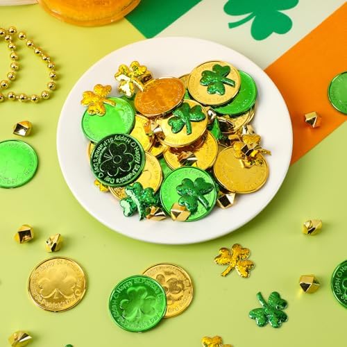 Close up view of MARFOREVER green sponge shamrocks used as festive Irish party confetti.