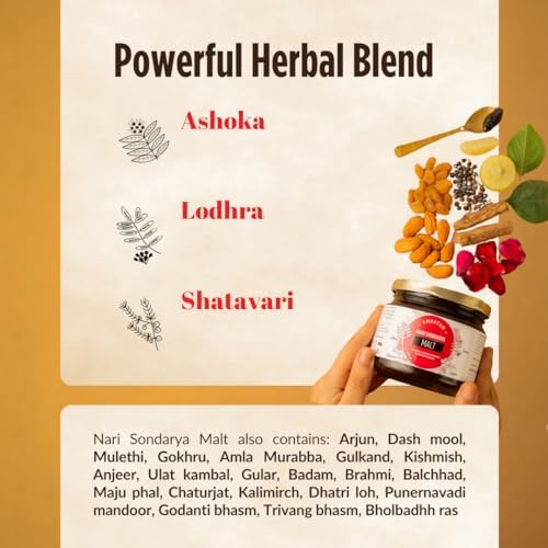Amrutam Nari Sondarya Malt 400g jar showing supplement benefits