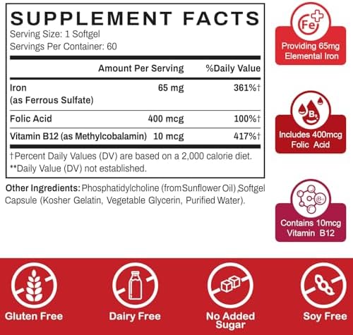 Sapotax gentle iron 60 softgels bottle highlighting stomach friendly formula info