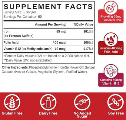 Sapotax gentle iron 60 softgels bottle highlighting stomach friendly formula info