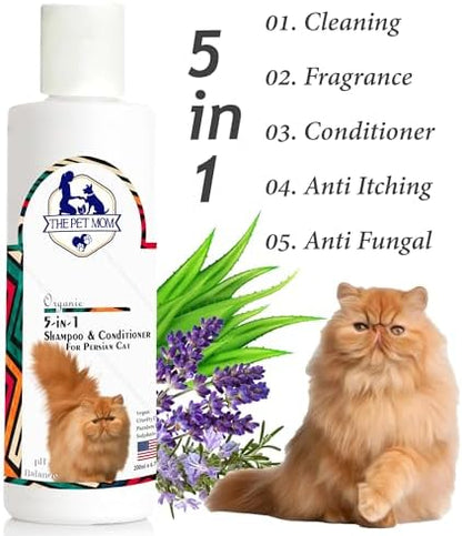 Premium organic pet shampoo for long hair Persian cats showing back label directions
