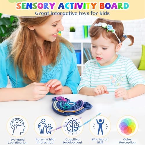 Double-sided blue silicone sensory board with colorful threading strings.
