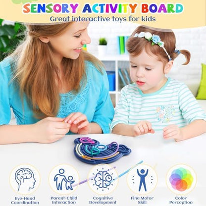 Double-sided blue silicone sensory board with colorful threading strings.