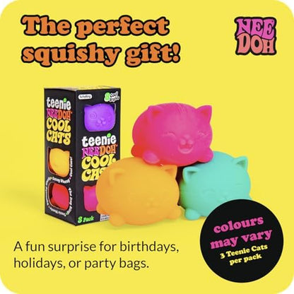Different cat facial expressions on assorted color Schylling stress toys