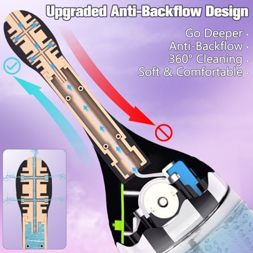 Rechargeable electric anal douche bottle with anti-backflow valve components.
