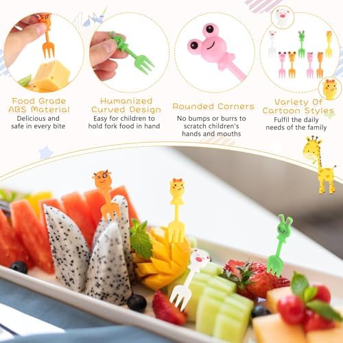 Close up of colorful animal shaped fruit forks in a container