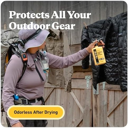 Authentic imported Sawyer permethrin gear spray highlighting six week durability icon