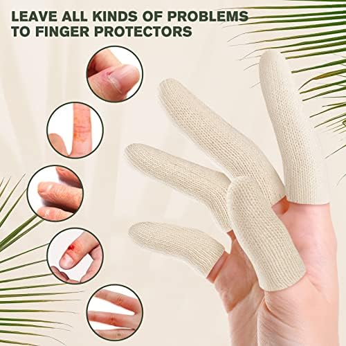 Close up of a person wearing the beige cotton finger cot on an index finger for eczema support.