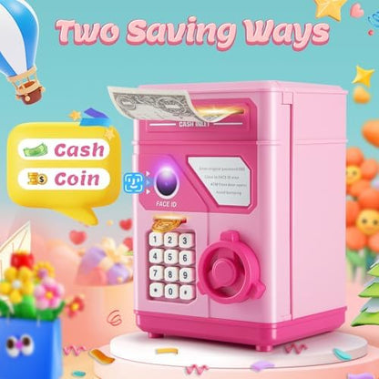 Pink electronic ATM money savings bank with numeric keypad close up