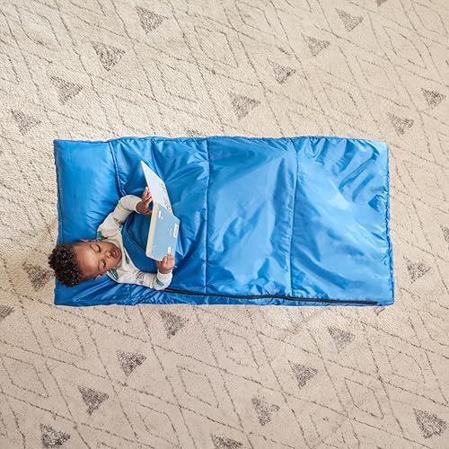 Regalo travel cot for kids fully expanded showcasing the spacious navy blue canvas sleeping surface.