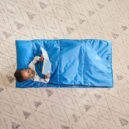 Regalo travel cot for kids fully expanded showcasing the spacious navy blue canvas sleeping surface.