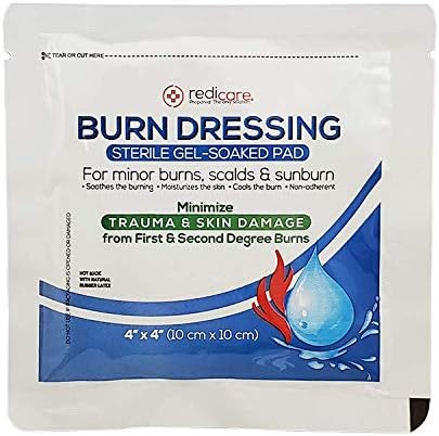 Sterile 4x4 hydrogel burn pad for first aid treatment of scalds and sunburns.