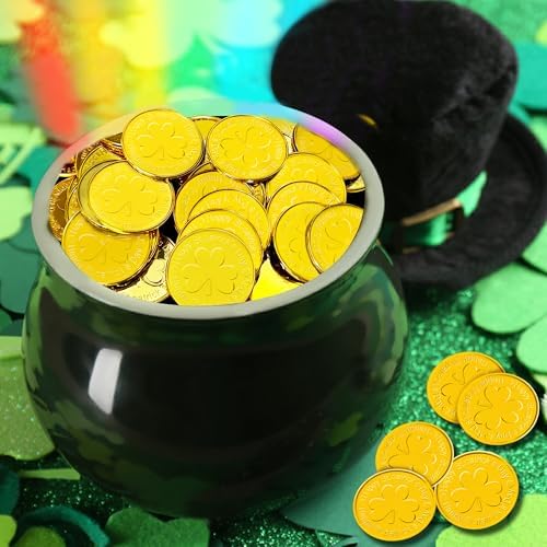Yoblink gold shamrock tokens arranged for an interactive kids treasure hunt game