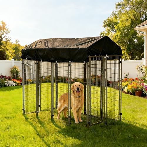 Durable black outdoor dog kennel shade cover illustrating water resistance during outdoor weather use