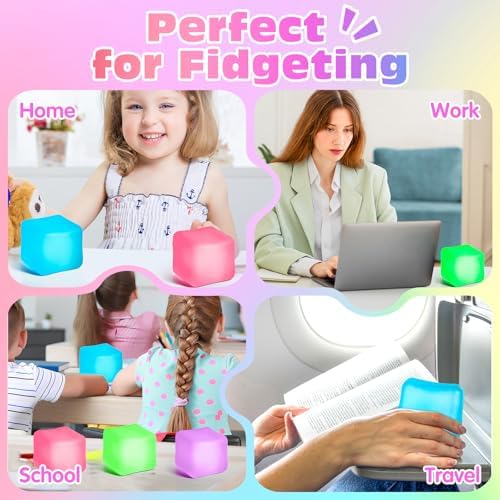The complete 4 pack stress cube set displayed alongside its beautiful protective gift box presentation.