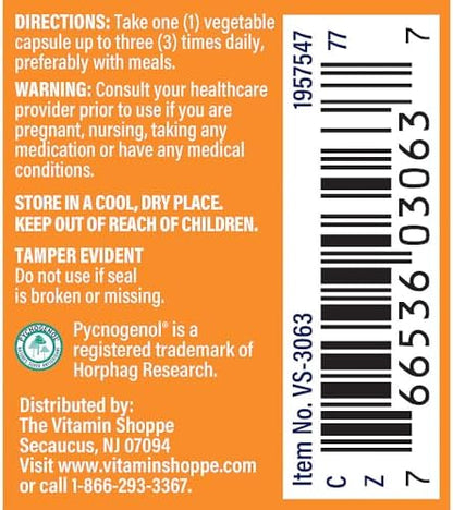 The Vitamin Shoppe Pycnogenol 30 capsules packaging detailing healthy circulation and cellular support advantages