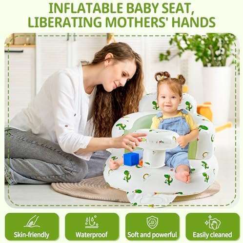 Baby sitting in inflatable support chair with feeding tray
