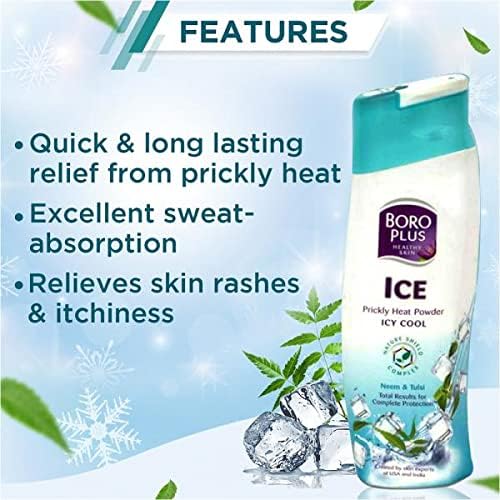 BoroPlus antiseptic powder packaging showing ingredients and cooling benefits.