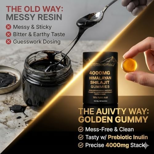 Auivty 12-in-1 vitality booster shilajit supplement container display.
