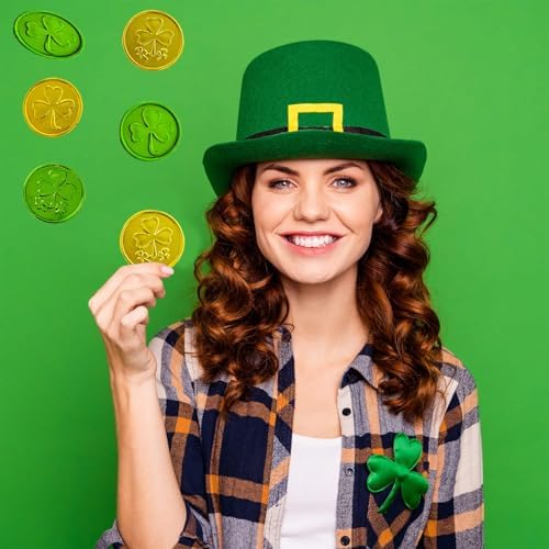 Close-up shot of the dual-sided stamped shamrock design on premium non-toxic plastic reward tokens.