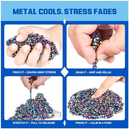 Close up view showing the smooth rounded edges of the multi colored magnetic particles